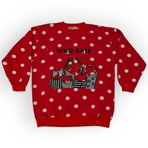Sharon Minky Wild Cats Print Red Polka Dot Sweatshirt size L Vintage